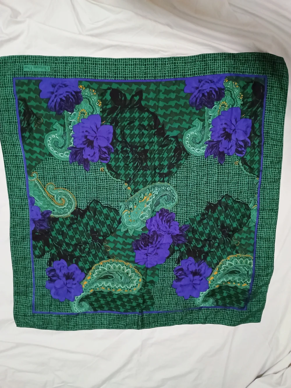 CHRISTIAN DIOR Green & Purple Floral Paisley Square Silk Scarf